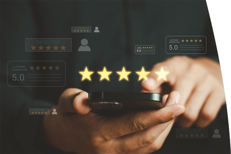 close up hand using smart phone and give five star symbol to increase rating of product and service concept. 